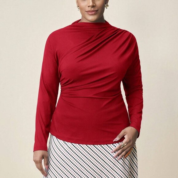 Curvy Sz 2X! Red Mock Neck Rouched Long Sleeve Top | Bold Luxe Layer - Picture 3 of 8